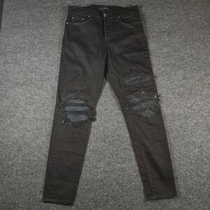 Amiri MX1 Moto Jeans Black Distressed Leather Inlay Slim Fit Size 30